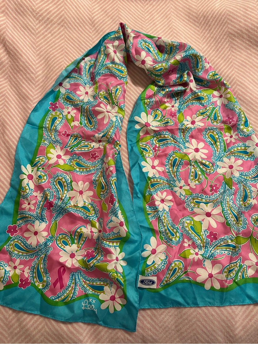 Lilly Pulitzer Pink, Teal & Lime Paisley Floral Silk Scarf